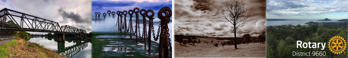 Rotary District 9660 — bridge, chains, rural landscape, and aerial coastal view